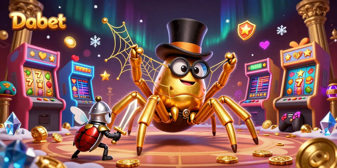 Dabet showcases a golden tarantula and beetle knight near slot reels in a vibrant casino scene.