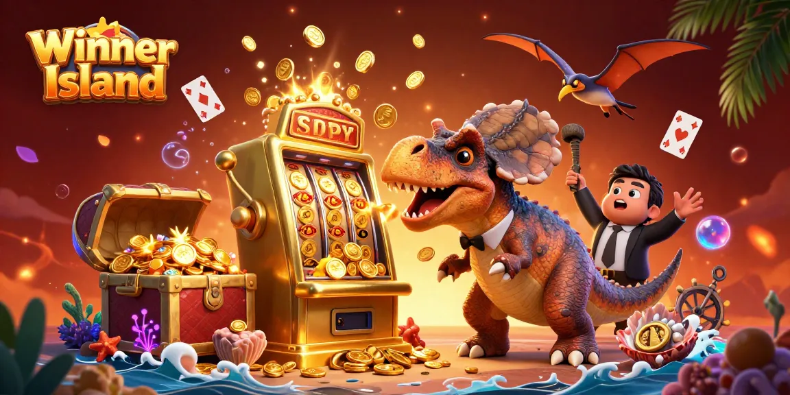 Winner Island casino scene with a pachycephalosaurus winning jackpots and treasure amid colorful game elements.