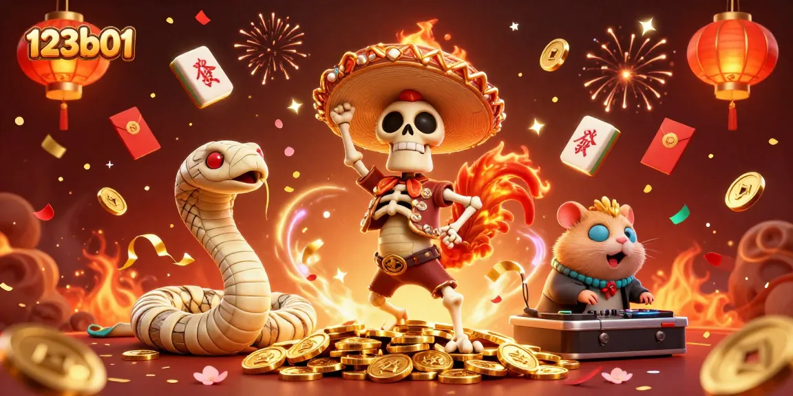 Engage with exciting games at 123b01 while celebrating victory with vibrant characters and rich casino elements.