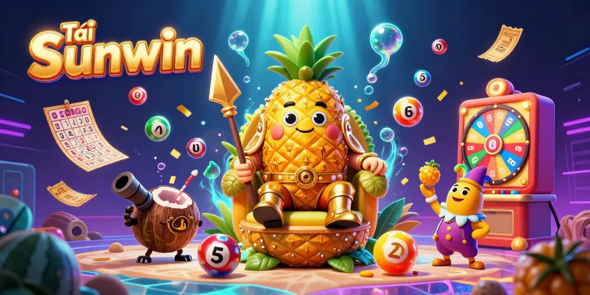 Tải Sunwin with a golden pineapple king and vibrant casino elements creating an exciting gaming atmosphere.