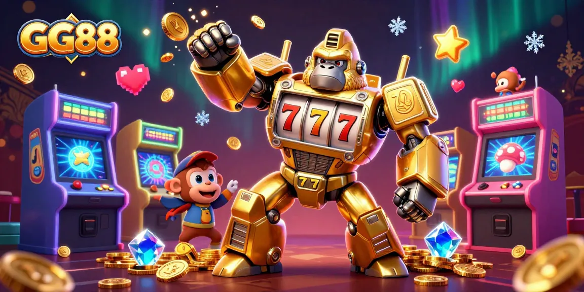 GG88 engaging players with vibrant visuals of a golden gorilla mech amidst casino games and slots.