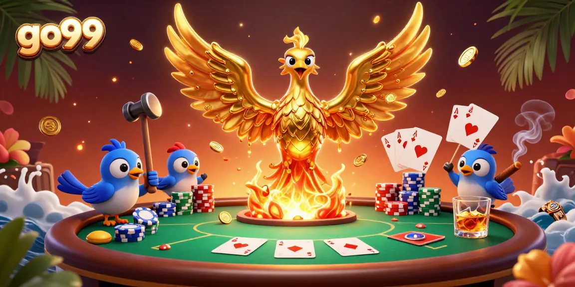 Bet big at go99 with a vibrant scene of a golden phoenix, poker elements, and vibrant casino action.