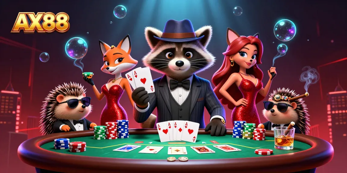 Experience thrilling poker action with AX88's vibrant characters and dynamic card tables.