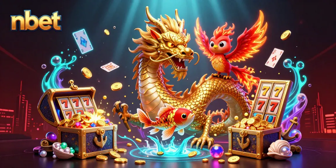 Experience the action with nbet's vibrant 3D casino illustration featuring a dragon and phoenix.