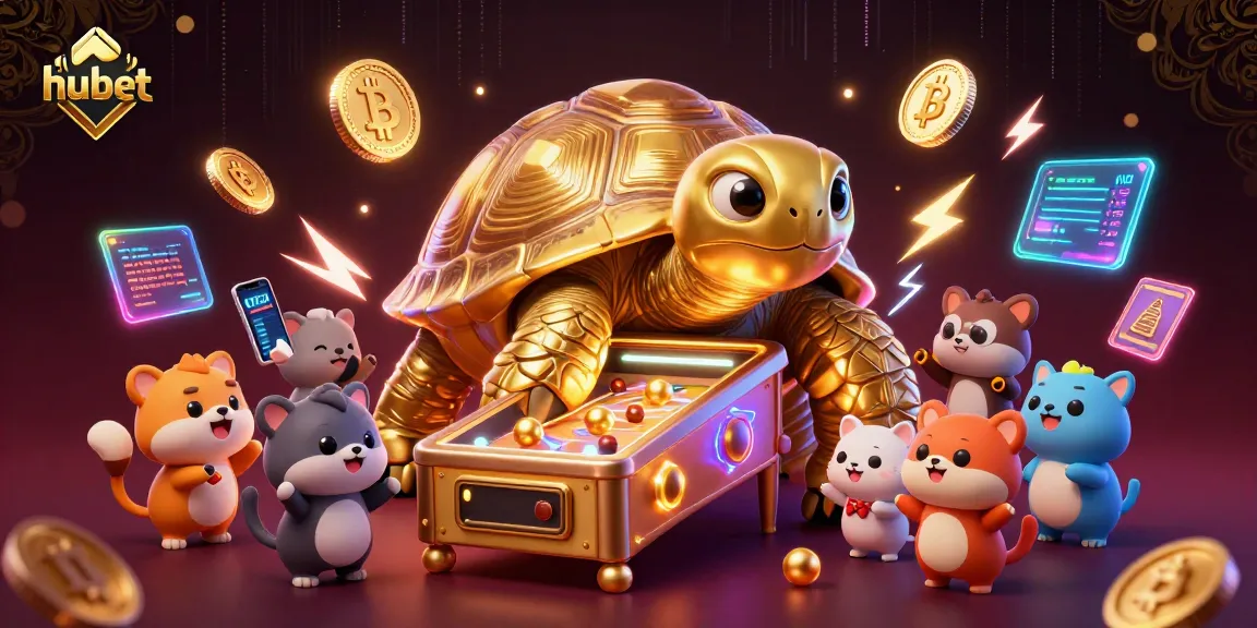 Spin the wheels in hubet's vibrant casino scene featuring a golden tortoise and crypto elements.