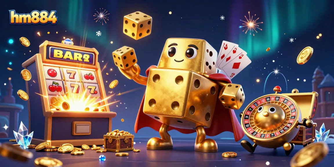 Spin and win at hm884 with a vibrant and dynamic 3D illustration showcasing golden dice and slot machines.