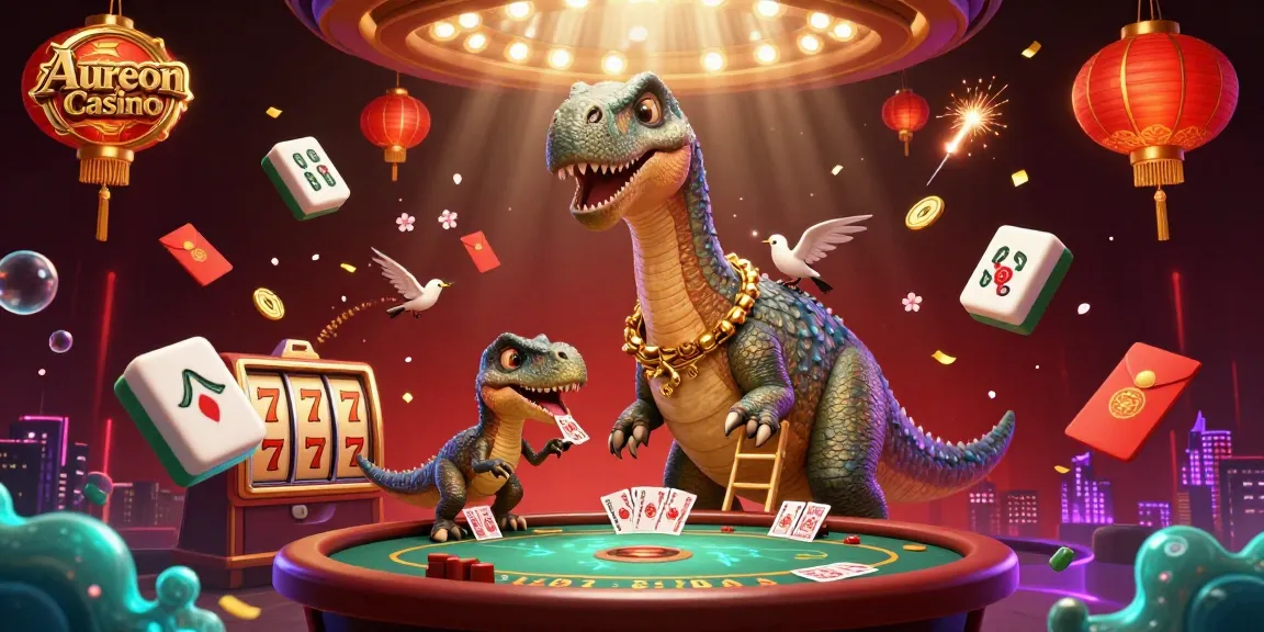 Aureon Casino showcases a lively 3D illustration with a giant dinosaur and poker game elements.