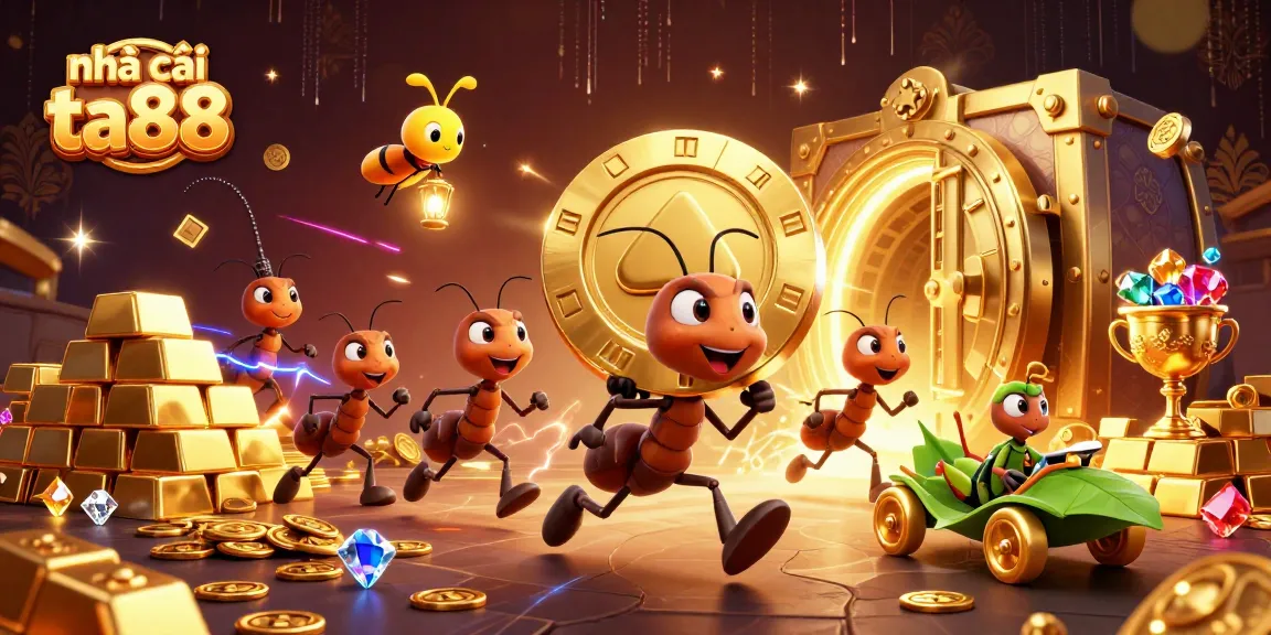 nhà cái ta88 showcases ants' heist with poker chip, gold treasures, and vibrant casino elements