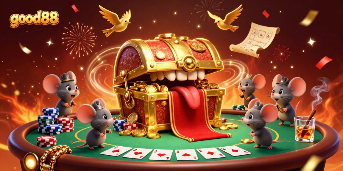 Engage with good88's vibrant casino scene showcasing treasure and poker excitement.