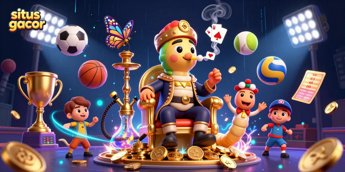 Situs gacor showcases a vibrant 3D illustration with a caterpillar master amidst dynamic sports elements and sparkling coins