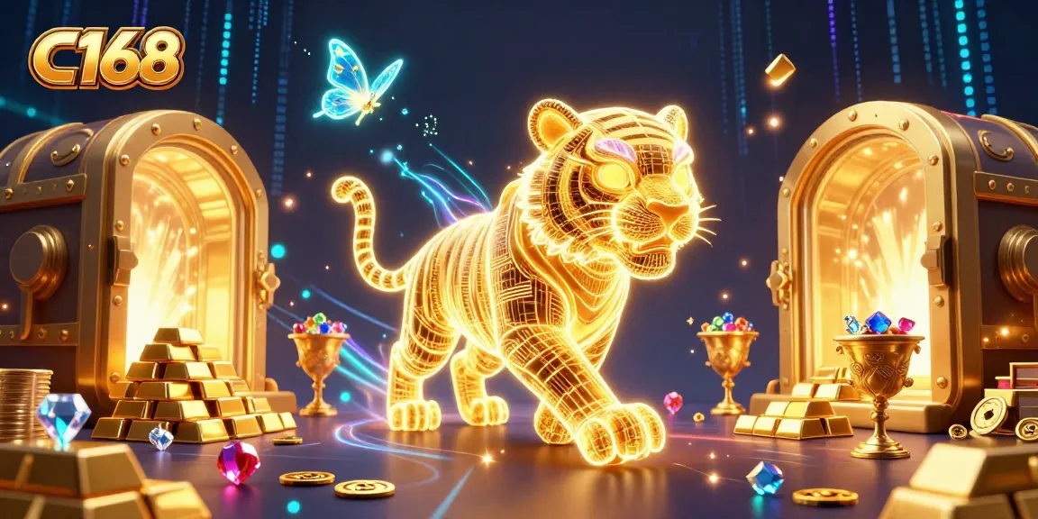 Experience the thrill of C168 with a golden tiger in a vibrant digital casino landscape.