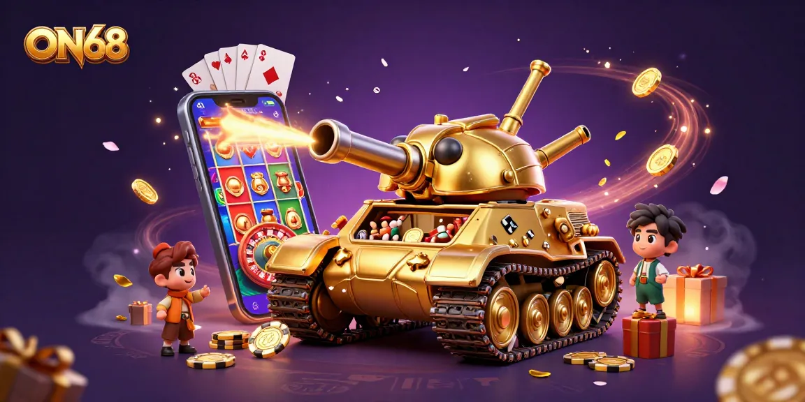 Experience the immersive casino adventure at ON68 with a whimsical beetle tank and vibrant gaming elements.