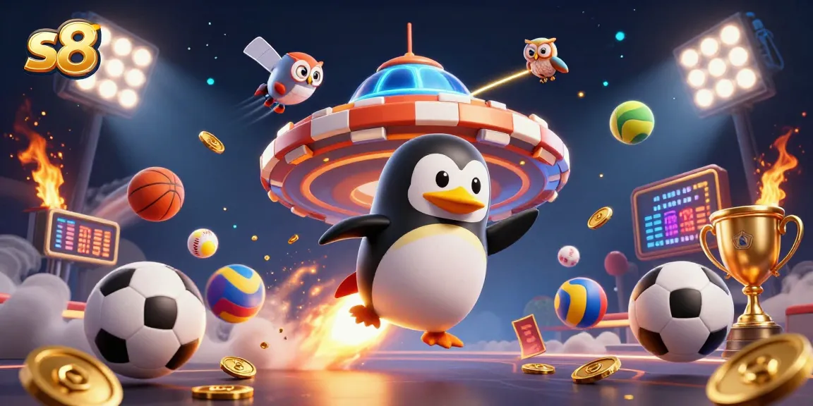 Engaging gameplay at s8 with a golden penguin and casino-themed elements in a vibrant 3D scene.