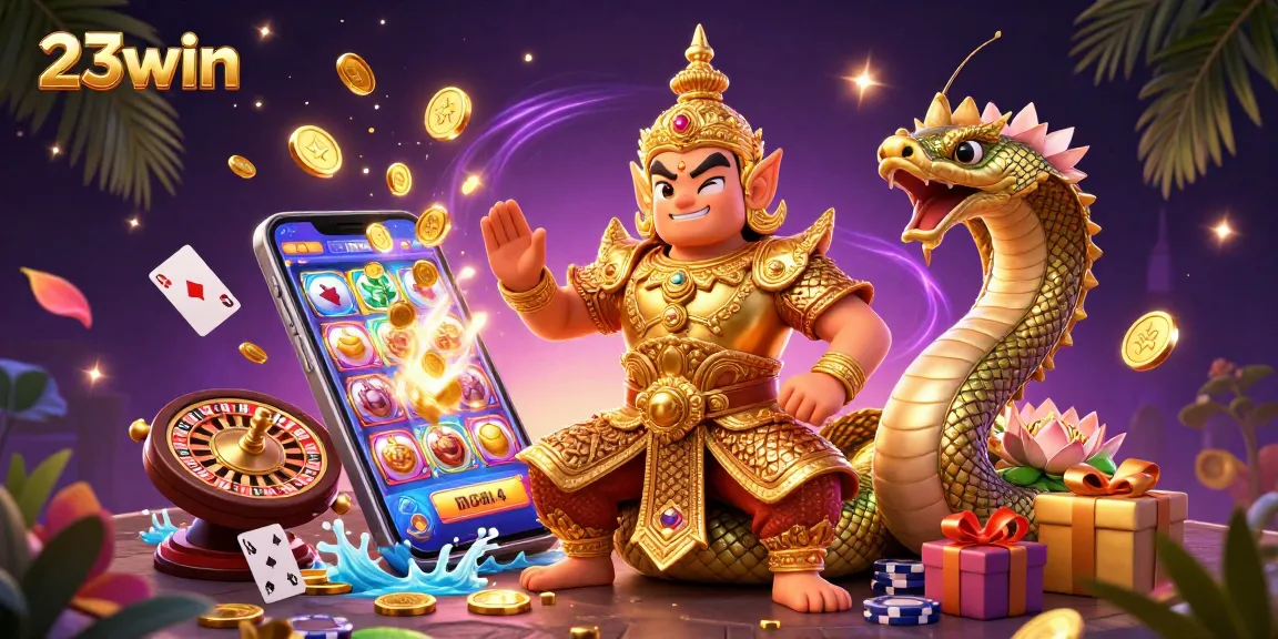 Engage with the vibrant world of 23win featuring a friendly yaksha guardian amidst dynamic casino elements.