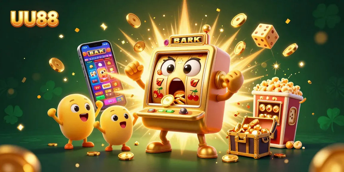 UU88 showcases a vibrant scene with a cartoon slot machine celebrating a jackpot, surrounded by cheering machines and casino elements.