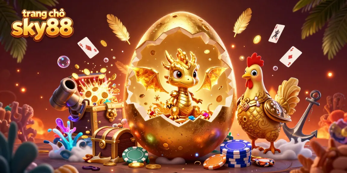 Experience the excitement at trang chủ sky88 with golden dragon, poker chips, and casino treasures