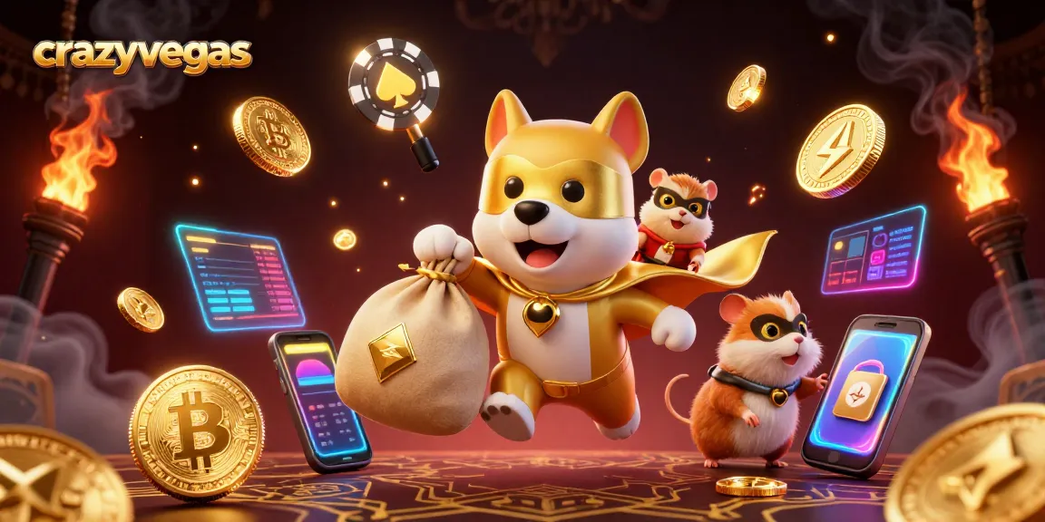 Experience thrilling gameplay at crazyvegas with a vibrant 3D cartoon scene of a superhero dog, flying with coins and crypto elements.