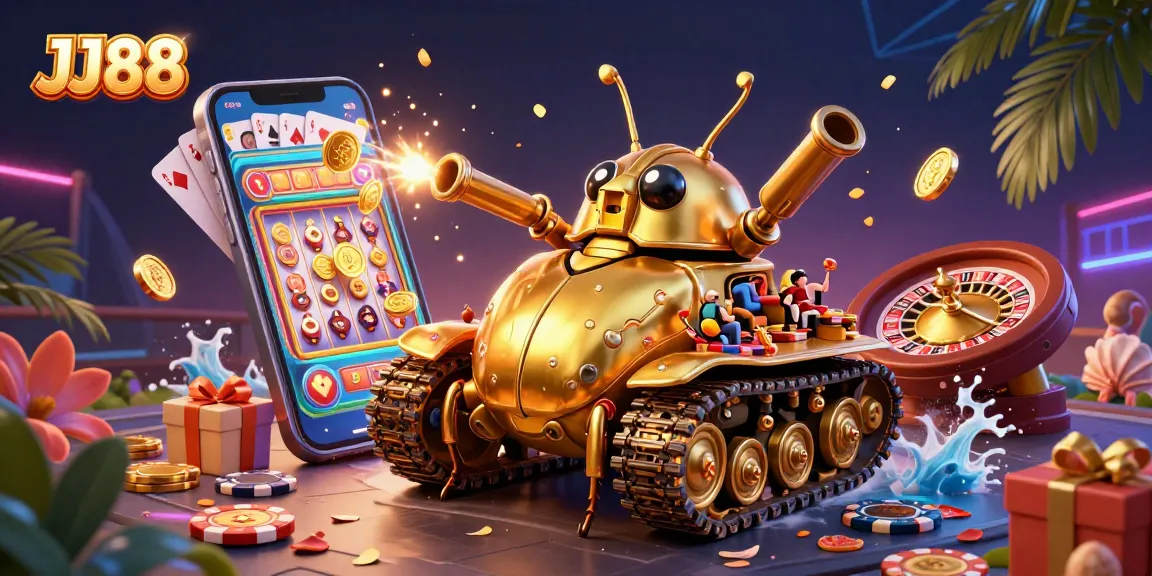 Spin the reels at JJ88's vibrant casino scene featuring a golden beetle tank and immersive gaming elements.